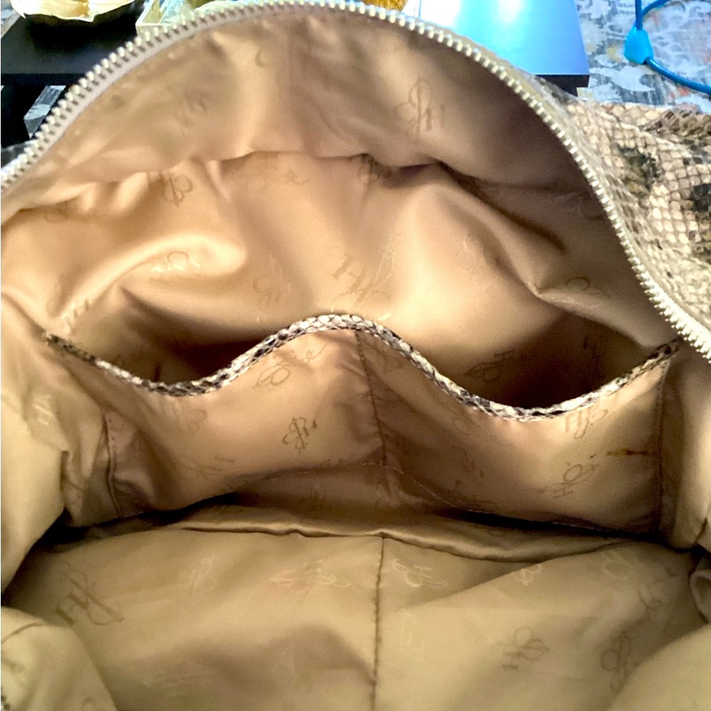 COLE HAAN Genuine Leather Snake Print Embossed Beige/Brown Satchel Shoulderbag - Picture 5 of 17